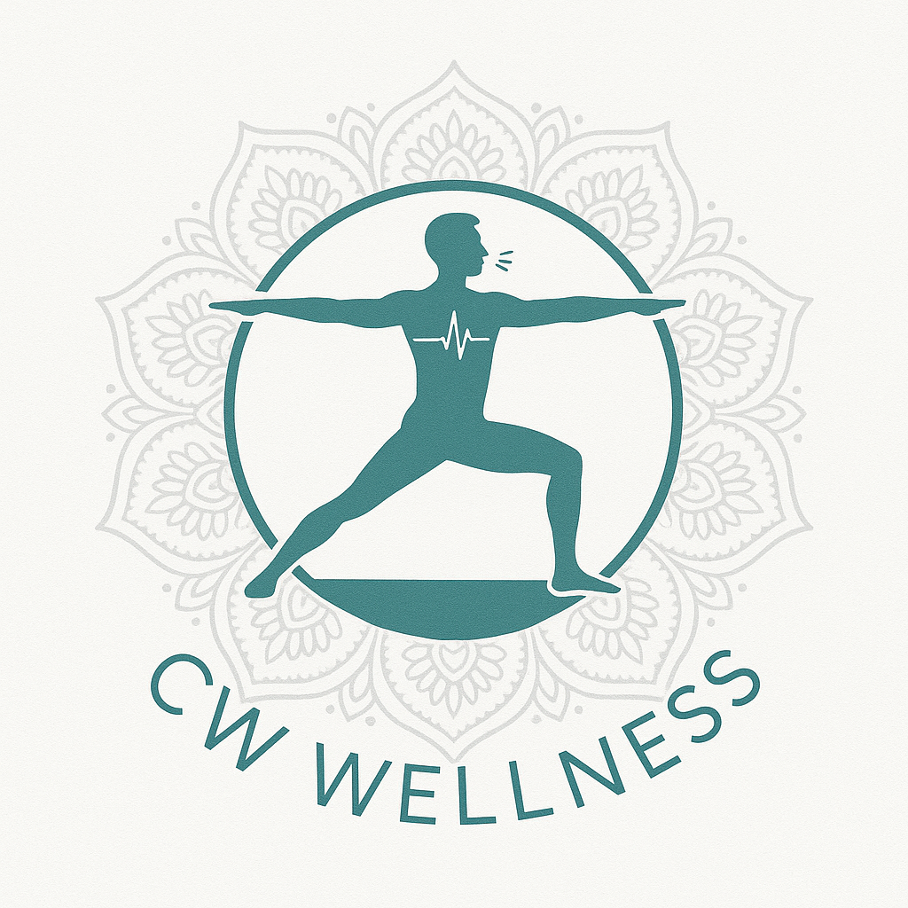 CW Wellness logo with Warrior II silhouette over a mandala background.