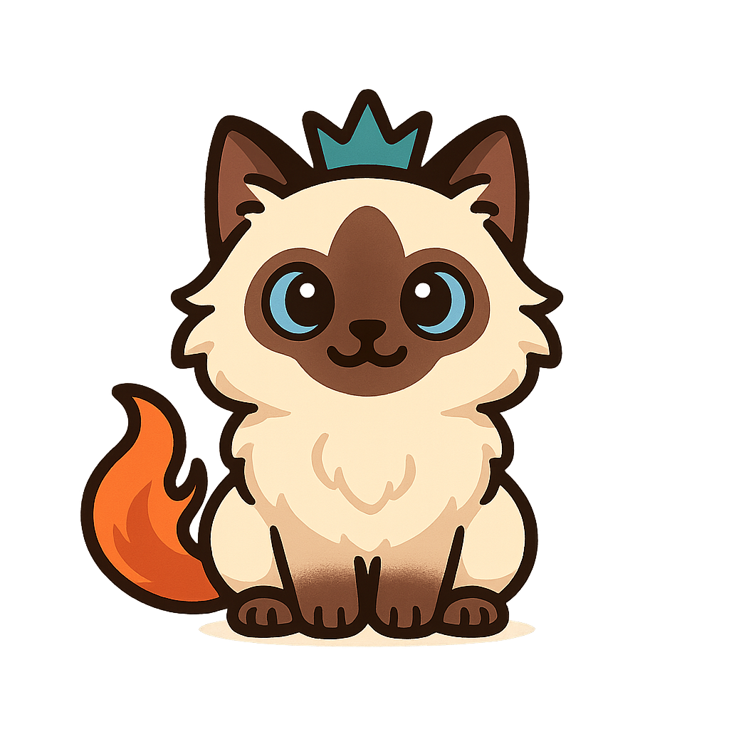 Cartoon Birman cat mascot with crown and flame tail representing Phoenix the Kweenix.